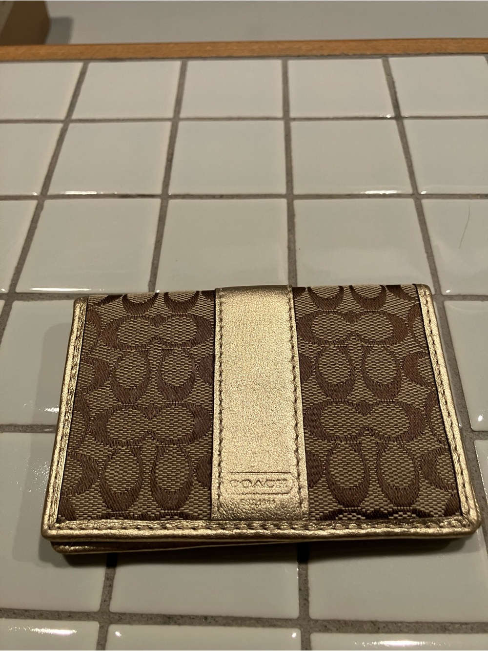 Coach Brown Signature Card Case with Gold Trim